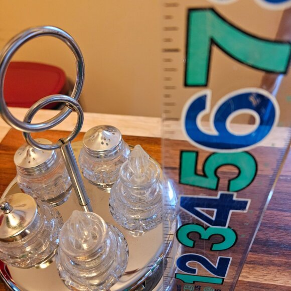 Vintage rotating cruet set rotating 5 pc metal/glass salt pepper oil/vinegar jam - Picture 3 of 9